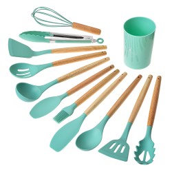 Clayre & Eef Set de 12 ustensiles de cuisine avec organisateur Ø 8x32 cm Vert Silicone