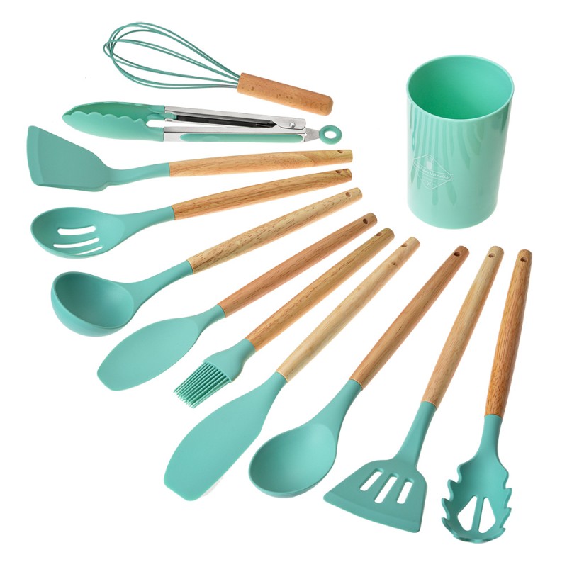 Clayre & Eef 12-Piece Kitchen Utensils with Organizer Ø 8x32 cm Green Silicone