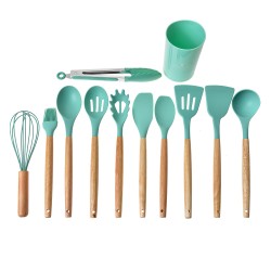 Clayre & Eef Set di utensili da cucina da 12 pezzi con organizzatore Ø 8x32 cm Verde Silicone