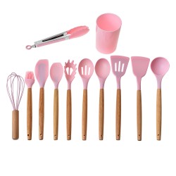 Clayre & Eef Set di utensili da cucina da 12 pezzi con organizzatore Ø 8x32 cm Rosa Silicone