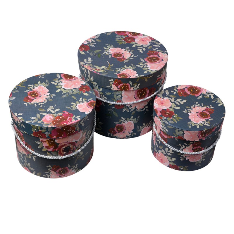 Clayre & Eef Opbergdoos Set van 3  Ø 23x20 / Ø 20x17 / Ø 17x14 cm Roze Karton Rond Bloemen