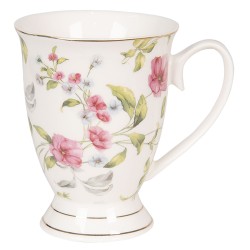 Clayre & Eef Tasse 200 ml Rosa Weiß Porzellan Rund Blumen