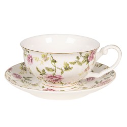 Clayre & Eef Tasse mit Untertasse 125 ml Weiß Porzellan Rund Blumen