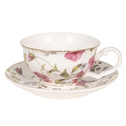 Clayre & Eef Tasse et soucoupe 125 ml Blanc Porcelaine Rond Fleurs