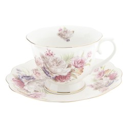 Clayre & Eef Tasse et soucoupe 250 ml Rose Blanc Porcelaine Rond Fleurs