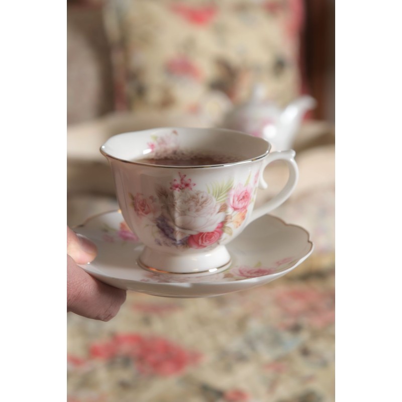 Clayre & Eef Cup and Saucer 250 ml Pink White Porcelain Round Flowers