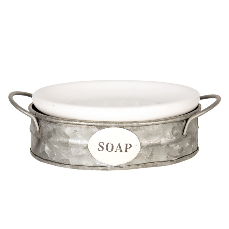Clayre & Eef Portasapone 16x11x6 cm Bianco Grigio  Metallo Ovale Soap