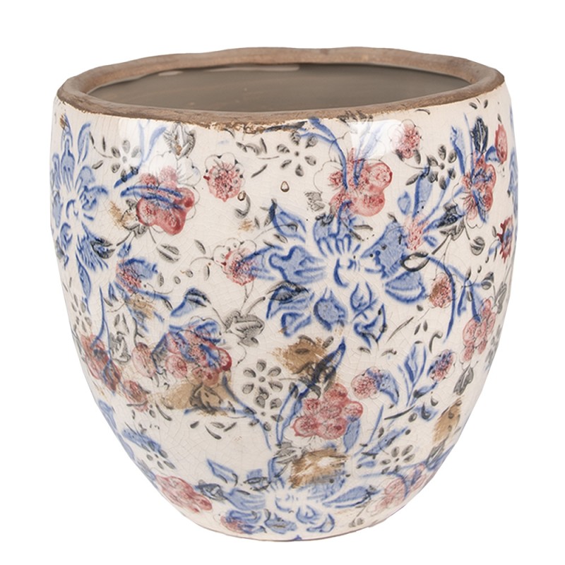 Clayre & Eef Bloempot  Ø 18x17 cm Blauw Beige Keramiek Rond Bloemen