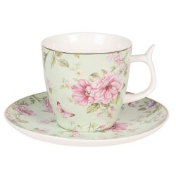 Clayre & Eef Tazza e piattino 160 ml Verde Rosa  Porcellana Fiori