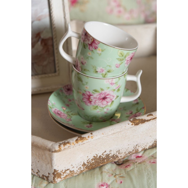 Clayre & Eef Cup and Saucer 160 ml Green Pink Porcelain Flowers