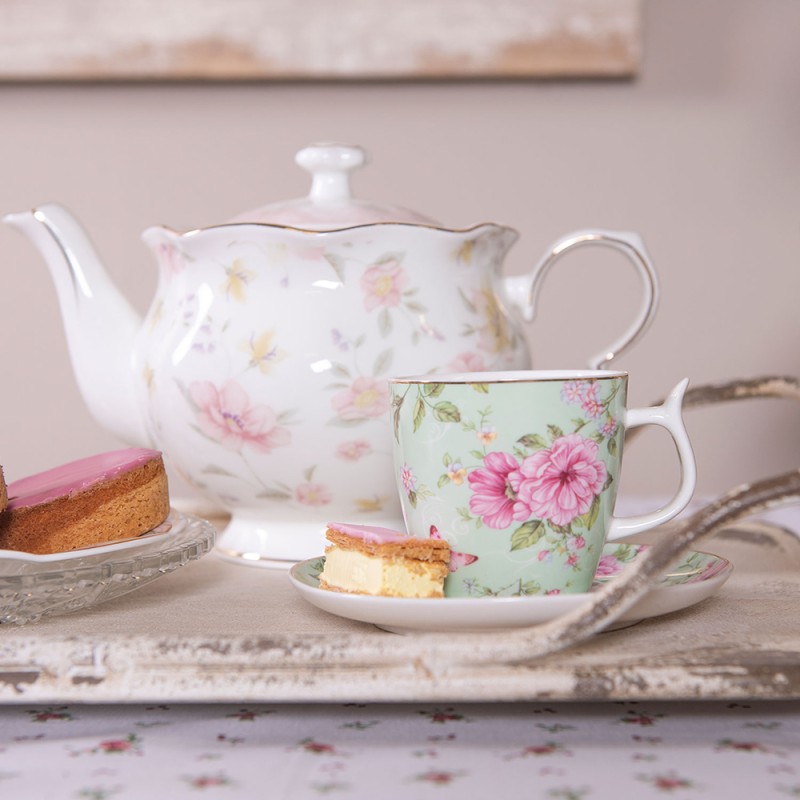 Clayre & Eef Cup and Saucer 160 ml Green Pink Porcelain Flowers