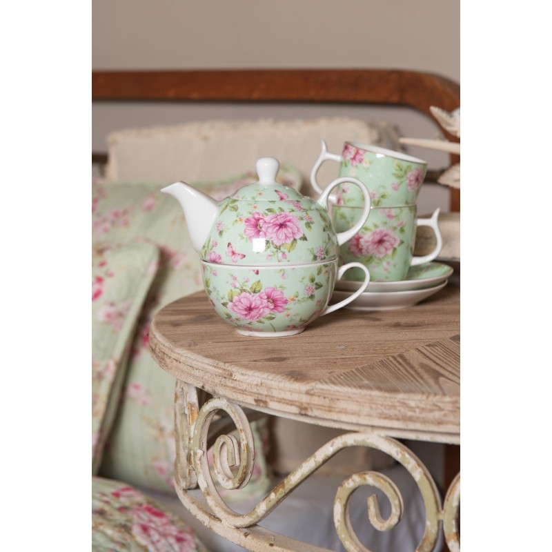 Clayre & Eef Tasse et soucoupe 160 ml Vert Rose Porcelaine Fleurs