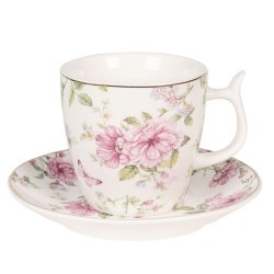 Clayre & Eef Tasse et soucoupe 160 ml Rose Blanc Porcelaine Fleurs