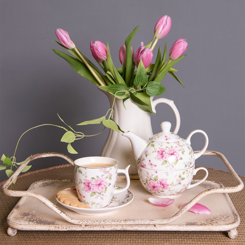 Clayre & Eef Cup and Saucer 160 ml Pink White Porcelain Flowers