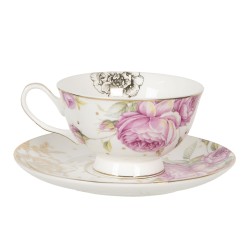 Clayre & Eef Tasse mit Untertasse 200 ml Weiß Rosa Porzellan Blumen