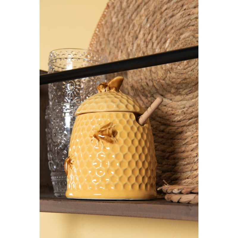 Clayre & Eef Vasetto di miele con cucchiaio Ø 11x14 cm Giallo Ceramica Rotondo Api