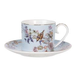 Clayre & Eef Tasse et soucoupe 220 ml Bleu Porcelaine Rond Fleurs