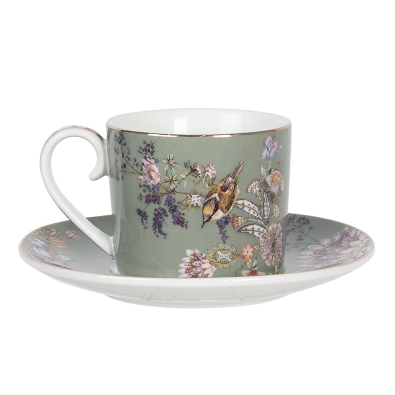 Clayre & Eef Tasse et soucoupe 220 ml Vert Porcelaine Rond Fleurs