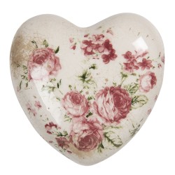 Clayre & Eef Decoration Heart 11x11x4 cm Beige Pink Ceramic Heart-Shaped Flowers