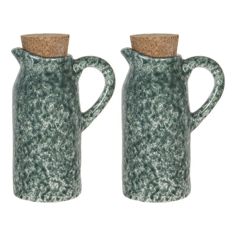 Clayre & Eef Oil and Vinegar Set Set of 2 8x6x14 cm Green Ceramic Round