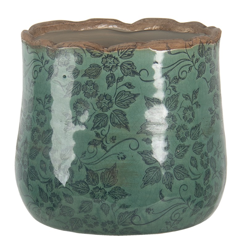 Clayre & Eef Bloempot  Ø 18x16 cm Groen Keramiek Rond Bladeren