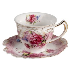 Clayre & Eef Tasse mit Untertasse 200 ml Weiß Rosa Porzellan Rund Blumen