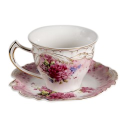 Clayre & Eef Tasse mit Untertasse 200 ml Weiß Rosa Porzellan Rund Blumen