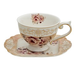 Clayre & Eef Tazza e piattino 200 ml Rosa Beige Porcellana Rotondo Fiori