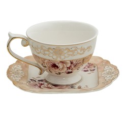 Clayre & Eef Tasse et soucoupe 200 ml Rose Beige Porcelaine Rond Fleurs