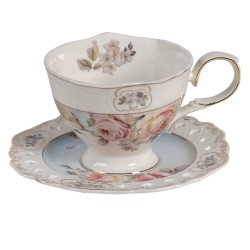 Clayre & Eef Tasse et soucoupe 200 ml Blanc Porcelaine Rond Fleurs