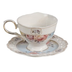 Clayre & Eef Tasse et soucoupe 200 ml Blanc Porcelaine Rond Fleurs