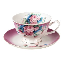 Clayre & Eef Tasse et soucoupe 200 ml Violet Porcelaine Rond Fleurs