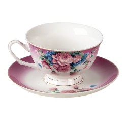 Clayre & Eef Tasse et soucoupe 200 ml Violet Porcelaine Rond Fleurs