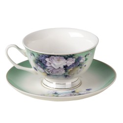 Clayre & Eef Tazza e piattino 200 ml Verde Bianco  Porcellana Rotondo Fiori