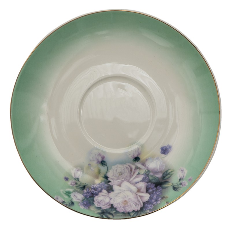 Clayre & Eef Cup and Saucer 200 ml Green White Porcelain Round Flowers