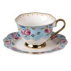 Clayre & Eef Tasse et soucoupe 160 ml Bleu Blanc Porcelaine Rond Fleurs