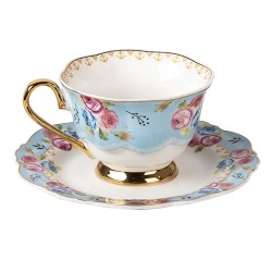 Clayre & Eef Tasse mit Untertasse 160 ml Blau Weiß Porzellan Rund Blumen