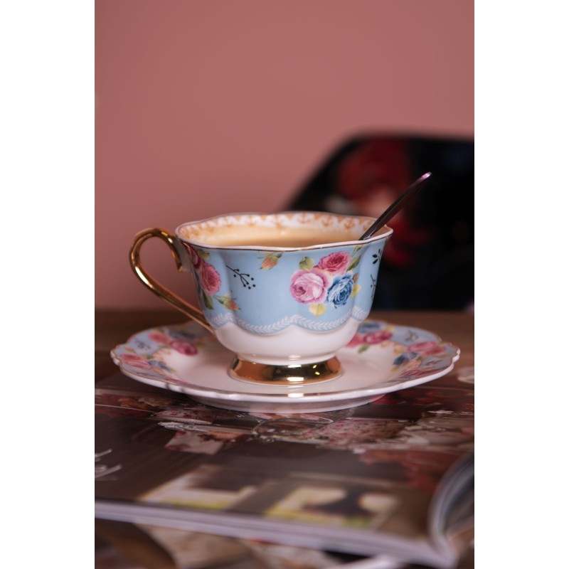 Clayre & Eef Cup and Saucer 160 ml Blue White Porcelain Round Flowers