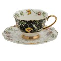 Clayre & Eef Tasse et soucoupe 200 ml Blanc Noir Porcelaine Rond Fleurs