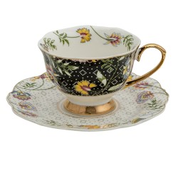 Clayre & Eef Cup and Saucer 200 ml White Black Porcelain Round Flowers