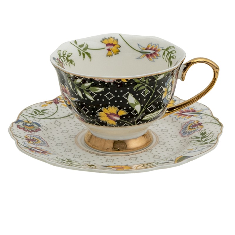 Clayre & Eef Tasse et soucoupe 200 ml Blanc Noir Porcelaine Rond Fleurs