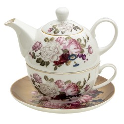 Clayre & Eef Tea for One  400 ml / 250 ml Wit Bruin Porselein Rond Bloemen