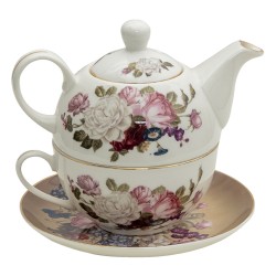 Clayre & Eef Tea for One  400 ml / 250 ml Wit Bruin Porselein Rond Bloemen