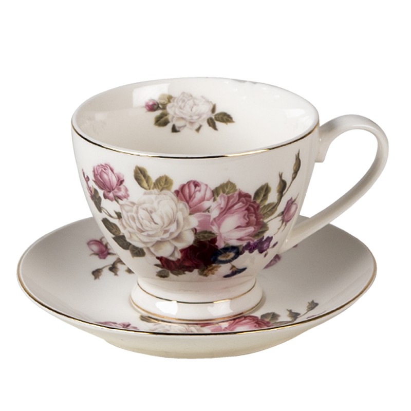 Clayre & Eef Tasse et soucoupe 200 ml Blanc Porcelaine Rond Fleurs