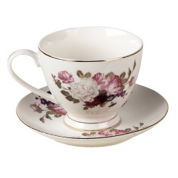 Clayre & Eef Tasse mit Untertasse 200 ml Weiß Porzellan Rund Blumen