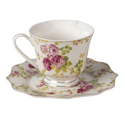 Clayre & Eef Tasse et soucoupe 200 ml Blanc Porcelaine Rond Fleurs