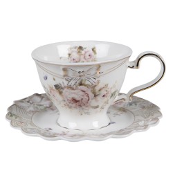 Clayre & Eef Tasse et soucoupe 220 ml Blanc Porcelaine Rond Fleurs