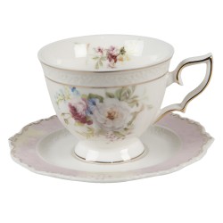 Clayre & Eef Cup and Saucer 200 ml White Porcelain Round Flowers