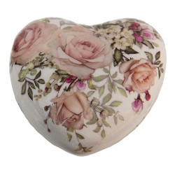 Clayre & Eef Decoratie Hart 11x11x4 cm Wit Roze Keramiek Hartvormig Bloemen