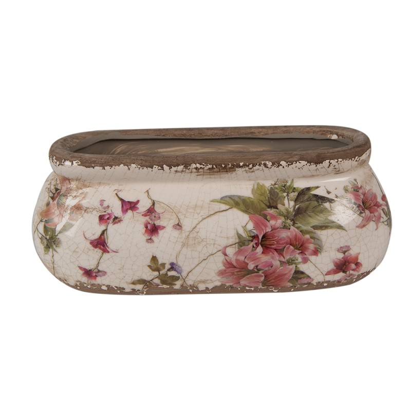 Clayre & Eef Bloempot  18x8x7 cm Roze Beige Keramiek Ovaal Bloemen